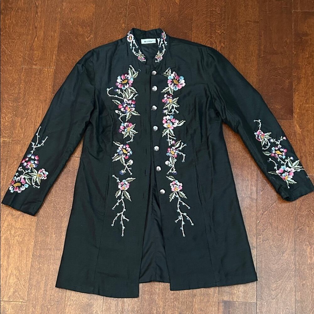 Vintage 90s Units Silk Blend Bohemian Black Floral Embroidered Coat, Size Medium
